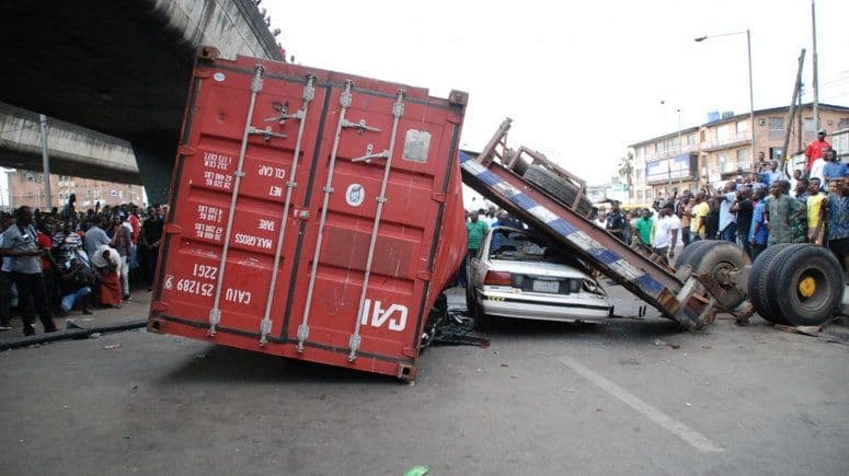 Tears as 20-ft container falls, kills two dispatch riders in Lagos